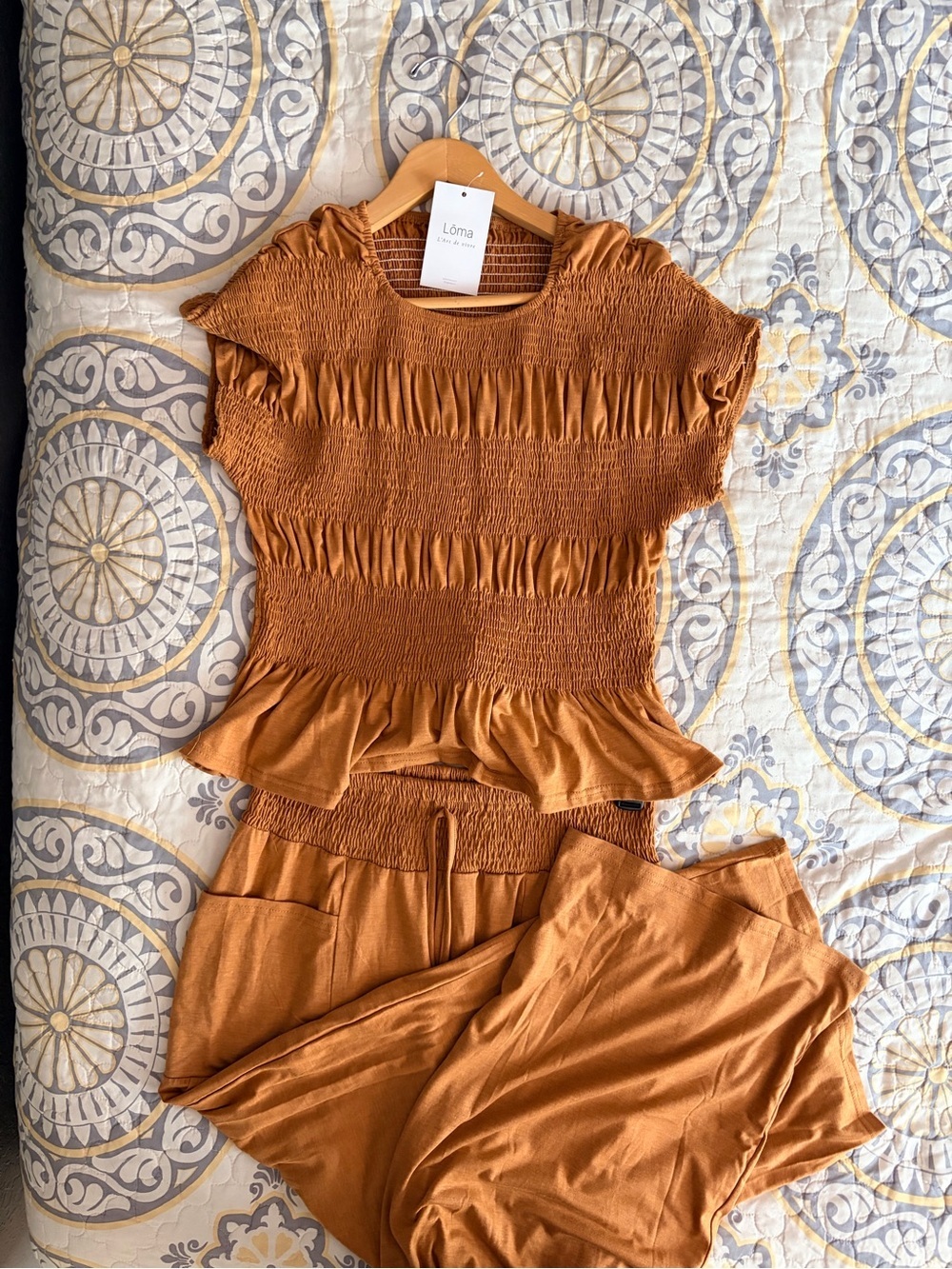 NWT Loma Smocked Peplum Top & Wide Leg Pants Set, Rust, Size Large - Picture 7 of 14